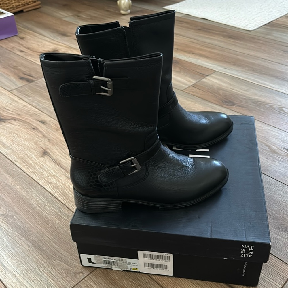 Naturalizer Genna H7337L1001 Mid-Calf Moto Boots Women's 8M Black Leather S0338